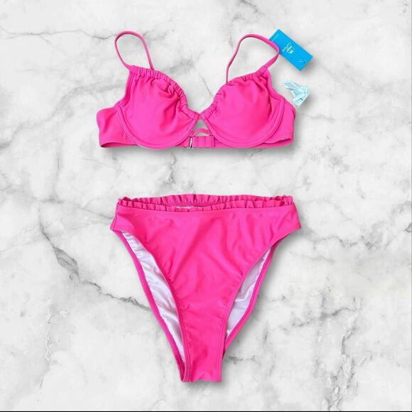 CUPSHE V-Neck 2 Piece High Waisted Swimsuit Pink M(8-10) NWT - Picture 1 of 7